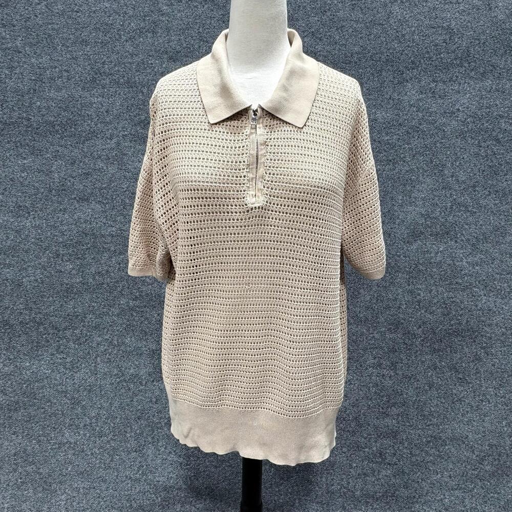 Varley Sweater Womens Medium Beige Mesh Knit Clayton Polo 1/4 Zip Top M